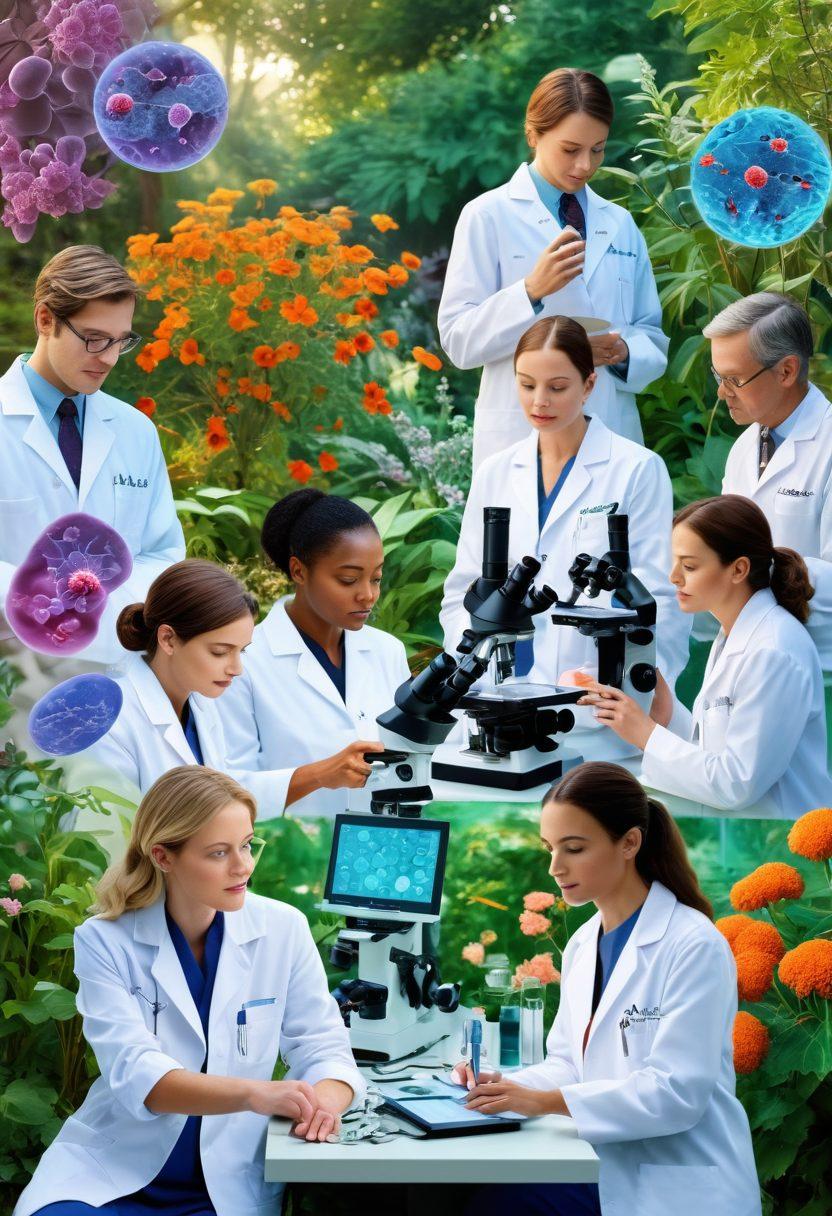 A dynamic collage featuring a diverse group of researchers in lab coats examining cells under a microscope, alongside passionate patients discussing wellness strategies in a serene garden setting. Incorporate elements like graphs and charts symbolizing clinical trials, and warm lighting to evoke hope and discovery. The background should show a balance of high-tech lab equipment and calming natural scenery. super-realistic. vibrant colors. 3D.
