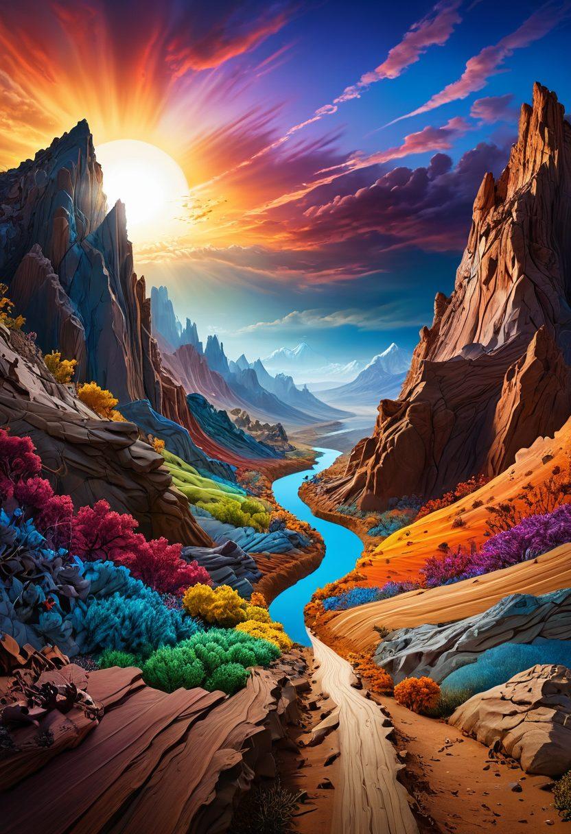 A vast, intricate landscape resembling a tumor terrain, showcasing various interconnected pathways symbolizing treatment options. Incorporate visual metaphors for patient support, such as guiding hands and supportive figures. The sky above transitions from dark to light, representing hope and recovery. Use vibrant colors to evoke emotion and depth in the environment. super-realistic. vibrant colors. 3D.